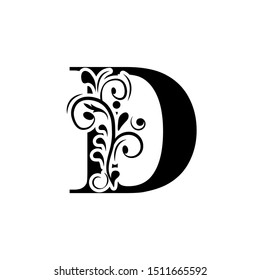 letter D. Black flower alphabet.  Beautiful capital letters.