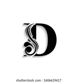 letter D. Black flower alphabet.  Beautiful capital letters with shadow