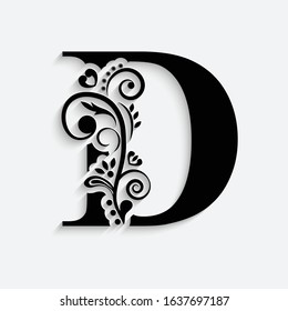 letter D. Black flower alphabet.  Beautiful capital letters with shadow