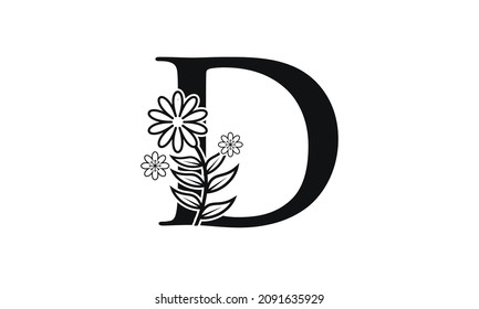 letter D. Black flower alphabet. Beautiful capital letters