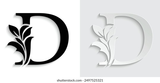 letter D Black flower alphabet. Beautiful capital letters with shadow