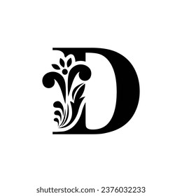 letter D black flower  letters. Vintage ornament initial Alphabet. Logo vector 
