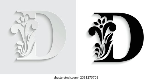 letter D Black and paper flower alphabet. Beautiful capital letters with shadow