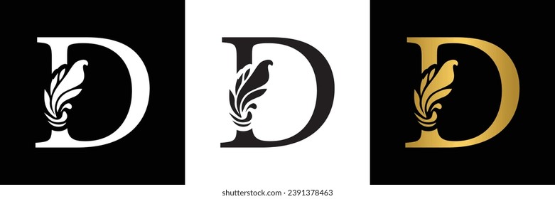 letter D. Black, white and golden  flower alphabet. Beautiful capital letters 