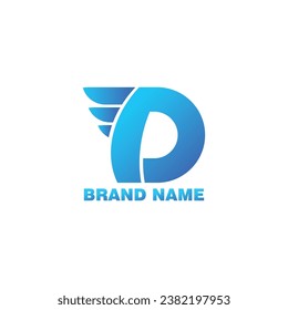 Diseño del logotipo azul de la letra D con ala para representar velocidad, velocidad, vuelo, aire aislado en fondo blanco
