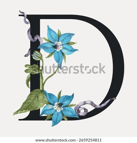 Letter D botanical calligraphic art alphabet, vintage vector element. Creative font and typography letter, isolated vector. Vintage floral font.