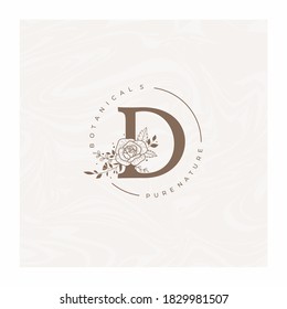 Letra D Flores botánicas. Logotipo de letra del monograma de boda inicial. Logotipo de rosa floral circular