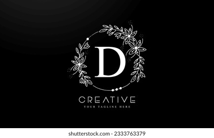 Letter D Botanical Flowers . Initial Wedding Monogram Font Logo. Circle Floral Logo