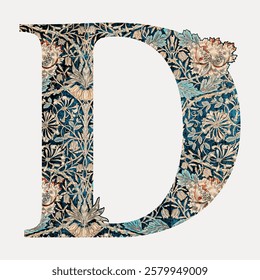 Letter D botanical pattern font, inspired by William Morris, isolated vector element. Vintage botanical patterned font inspired by William Morris. Floral vintage patterned typography vector.