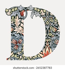 Letter D botanical pattern font, inspired by William Morris illustration isolated on white, vector. Creative font and typography letter, isolated vector. Vintage patterned font.