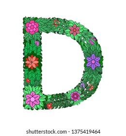 The letter D -  bright element of the colorful floral alphabet on a white background. Made from flowers, twigs and leaves. Floral spring ABC element in vector.