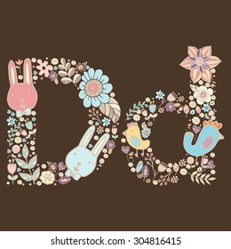 The letter D. Bright floral element of colorful alphabet Cute Animal, flowers, and twigs. floral ABC element in vector
