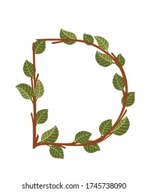 Letter D brown tree branches with green leaves eco font flat vector illustration isolated on white background