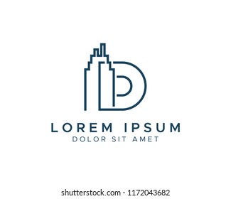 Letter D Building Line Vector Logo Design Template