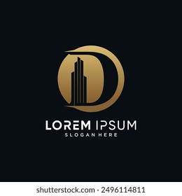Ilustración vectorial de Plantilla de diseño de logotipo de letra d y edificio con concepto de círculo
