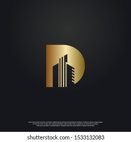 Letter D building Logo icon monogram design. Vector graphic design template element. black background.