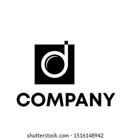 Letter D with camera lens logo design in square black