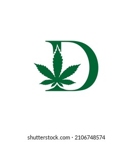 Buchstabe D mit dem Logo-Konzept für Cannabisblätter. Unkraut, Hanf, Marihuana-Logo, Vektorgrafik