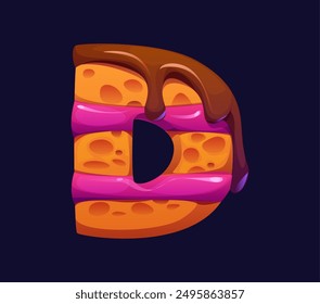 Buchstaben D Cartoon Kuchen, Süßigkeiten und Süßigkeiten Alphabet, Süßigkeiten Schriftart, Schriftart, Schokolade Kekstyp. Vektorgrafik ABC Typografie ähnlich einem Kuchen mit Schichten von rosa Frosting und eine Schokolade Glasur auf der Oberseite