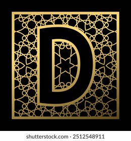 Letter D is carved in vintage patterned square on black background. Golden monogram in vintage style.