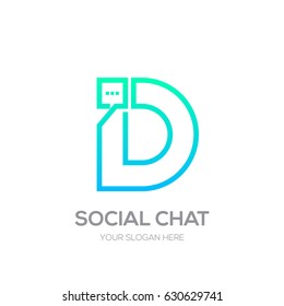 Letter D with Chat logo line shape, Social Talk, Social media, Abstract speak, Square speech logotype