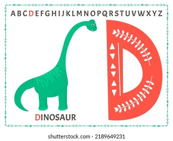 Letter D of childish English alphabet with cute baby dinosaur. Kids font with funny animal for kindergarten and preschool education. Hand-drawn flat vector illustration isolated on white
