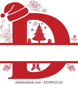 Letter D, Christmas Monogram, Letter D Silhouette with Christmas symbols, Christmas logo, Christmas Design for Print, Screen Print T-Shirt