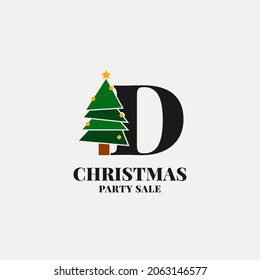 letter D with christmas tree decoration for celebrating december sale or party initial icon