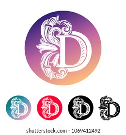 letter D in a circle, decorated with vintage, elegant flowers and leaves with streaks (symbol, sign, logo)