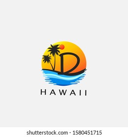 Letter D - Circle Hawaii Palm Beach Logo icon.  Nature logo design concept sunset, palm tree and  sea wave on circle for initial letter D, surfing shop, sport, Tour and Travel.