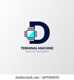letter D circuit logo. terminal machine for technology, gadget, artificial intelligent