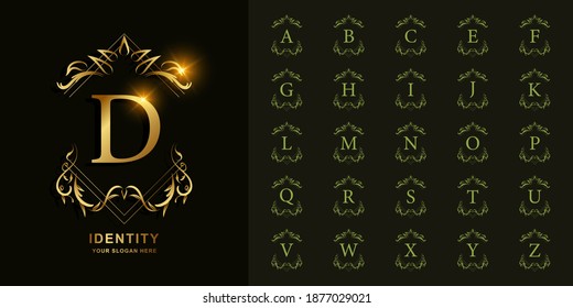 Letter D or collection initial alphabet with luxury ornament floral frame golden logo template.