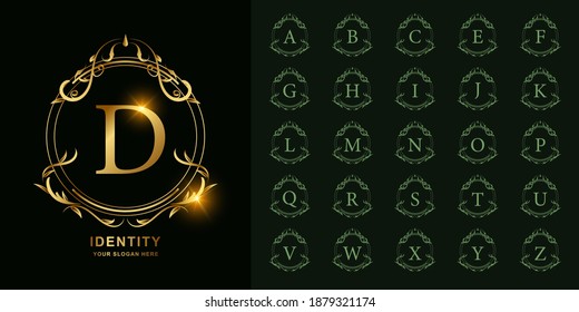 Letter D or collection initial alphabet with luxury ornament floral frame golden logo template.