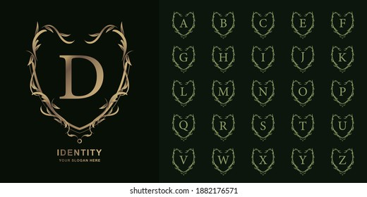 Letter D or collection initial alphabet with luxury ornament floral frame golden logo template.