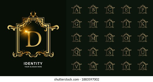 Letter D or collection initial alphabet with luxury ornament floral frame golden logo template.