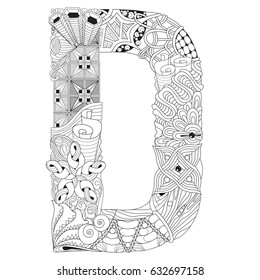 Letter D for coloring. Vector decorative zentangle object