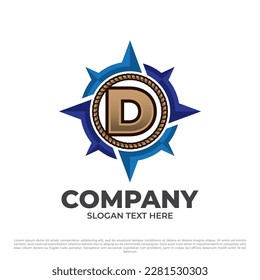 Letra D con el concepto de ilustración del logo de la brújula, estilo moderno colorido aislado en fondo blanco