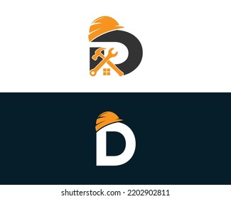 Letter D Construction Cap and Home Repair Logo Design. Contractor Helmet and Building Renovation Hard Hat Protection Vector Icon.