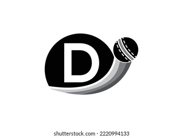 Logo-Konzept des Buchstaben-D-Cricket-Logos mit dem Symbol für den bewegten Cricket-Ball. Cricket Sports Logotype Symbol Vector Template Design.