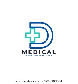 Letter D cross plus logo. Linear Style. Usable for Business, Science, Healthcare, Medical, Hospital and Nature Logos.