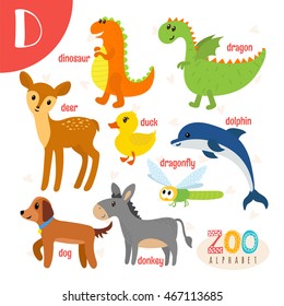 Letter D. Cute animals. Funny cartoon animals in vector. ABC book. Vector illustration