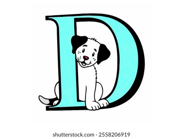 The letter D with cute dog illustration drawing on white background.