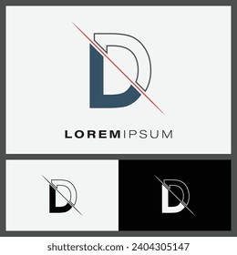 Icono del logotipo de corte de la letra D con línea cortada en el medio. Diseño del logotipo del alfabeto creativo D en monograma. Plantilla de diseño de iconos de moda