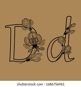 Letter D. Decorative font with floral ornaments from maple lionfish. Ecological typography