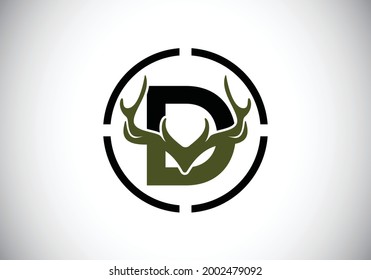 Letter D with deer antlers in target shape, flat style logo design vector template, Hunting inspirations symbol for corporate business identity