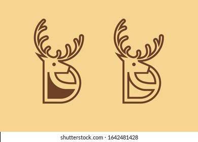 letter D for deer logo, line art style, simple minimalist deer icon, modern antelope logo design