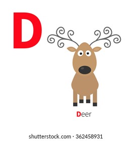 Letter D Deer Zoo alphabet. English abc with animals Education cards for kids Isolated White background Flat design Vector illustration