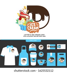 Letter D Delicious Chocolate Ice Cream Cup Logo on White Background for Ice Cream Shop with Brand Identity Include Shirt. Apron. Hat. Cup. Pin. Glass. Business Card. Paper Bag