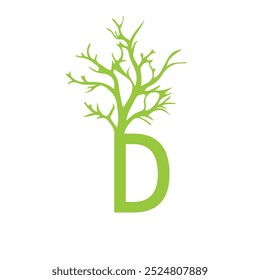 Logotipo de diseño de letra D con rama de árbol creativo. Logotipo del icono del árbol de la letra D