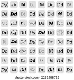 Letter D in different fonts on white background. Type design collection on grey buttons. Vector illustration.